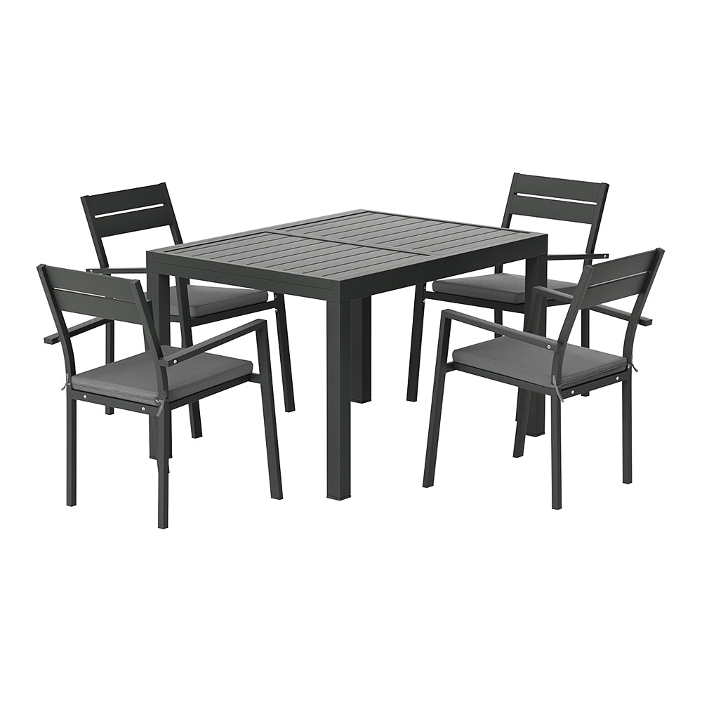 Modern outdoor dining set with square table and four armchairs, perfect for Australian backyards