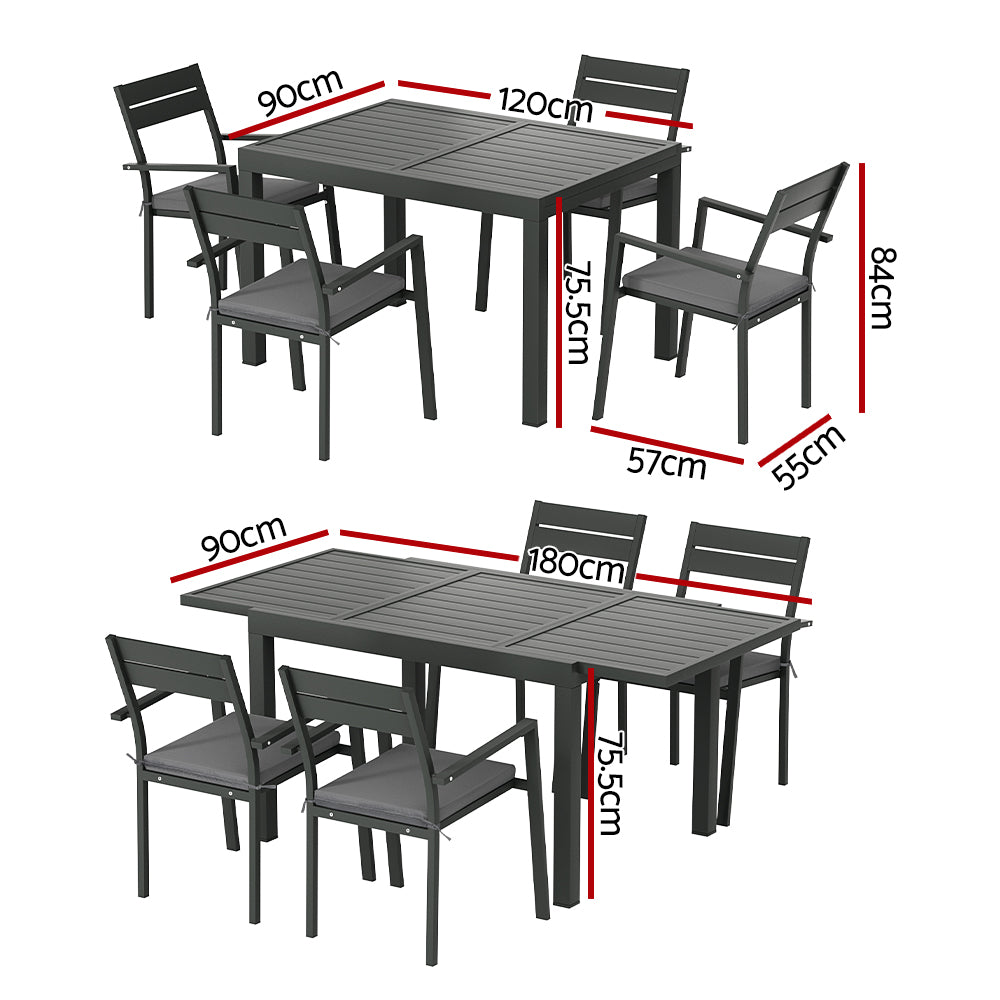 Modern outdoor dining set with 4 chairs, expandable table, dimensions shown for patio or backyard use