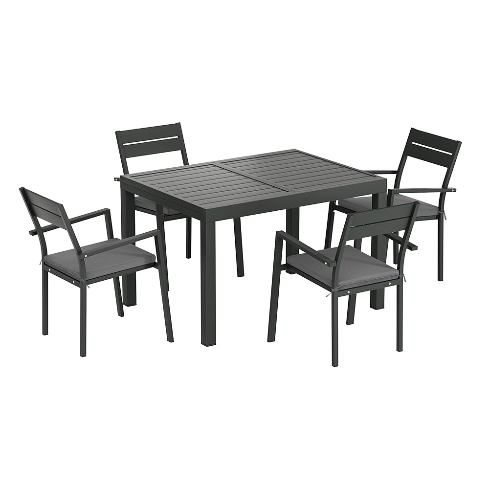 Black outdoor dining set with 4 armchairs and slatted table for patio or backyard use