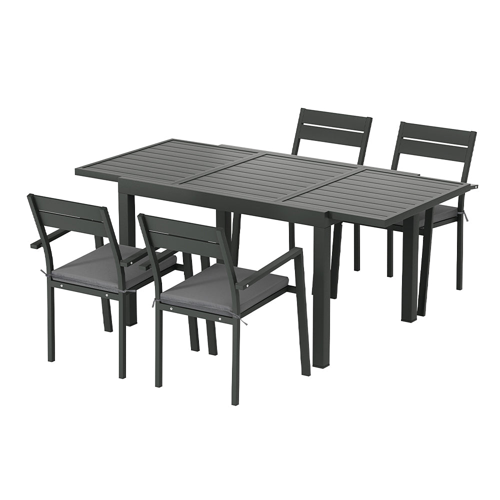 Modern outdoor dining set with 4 chairs and grey cushions, perfect for Australian backyards