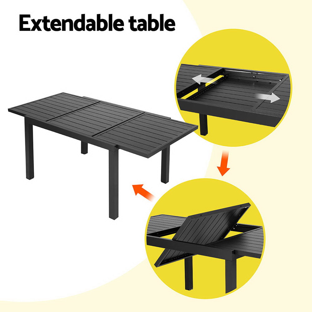 Black extendable outdoor dining table with slatted top and adjustable length for patio or backyard use