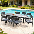 Black outdoor dining set with 8 chairs by poolside, perfect for Australian backyard entertaining