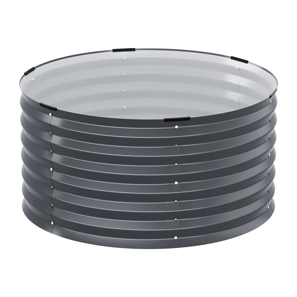 Grey corrugated metal fire pit ring for outdoor backyard use, ideal for Australian gardens and patios.