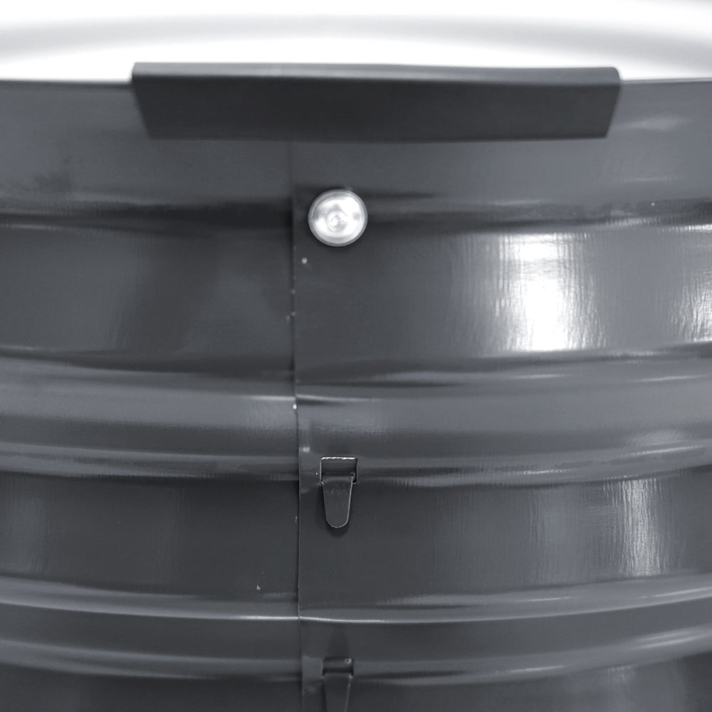 Black outdoor storage bin with latches and handle for backyard organization