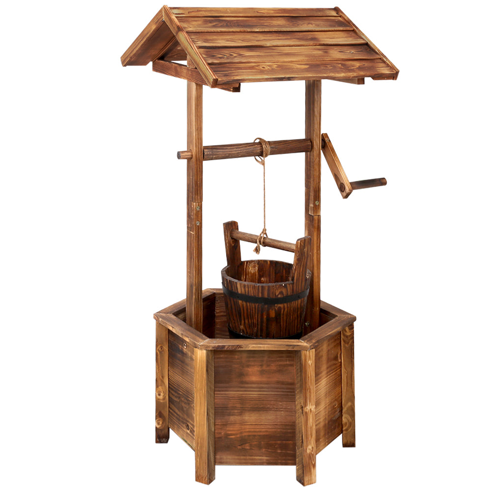 Rustic wooden garden well with bucket and roof, outdoor decor for backyard or patio