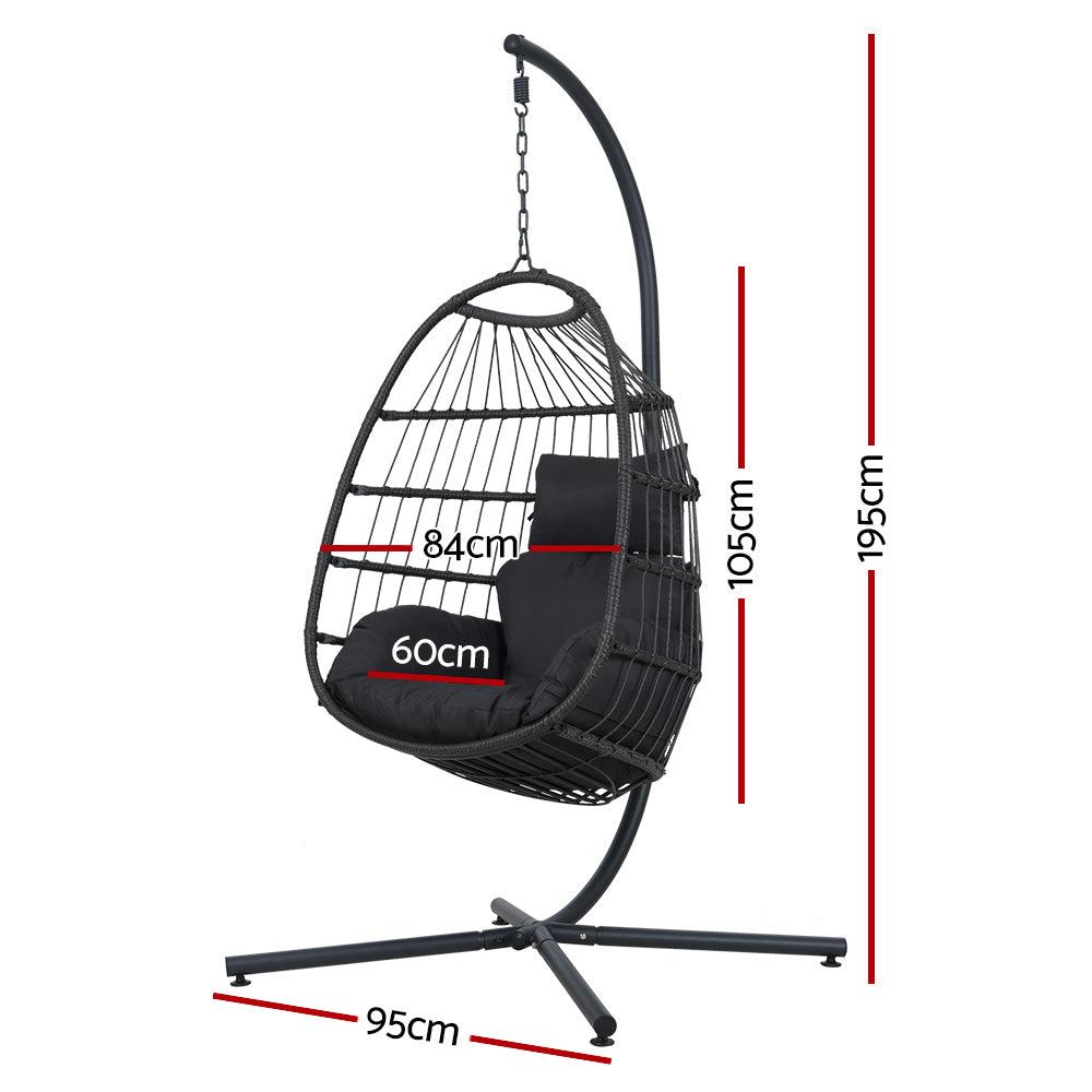 Black hanging egg chair with stand, outdoor patio furniture, 195cm height, 84cm width, cozy cushioned seat