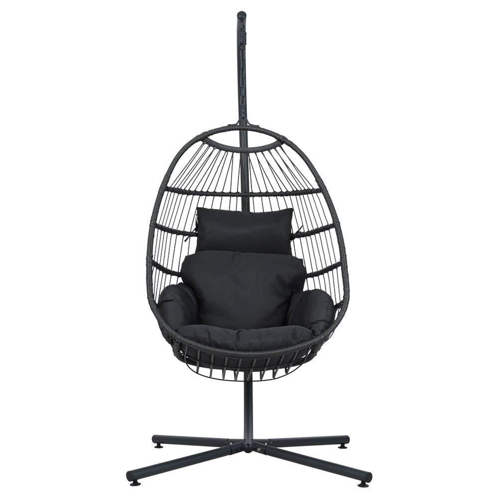 Black wicker hanging egg chair with cushion for outdoor patio or backyard relaxation