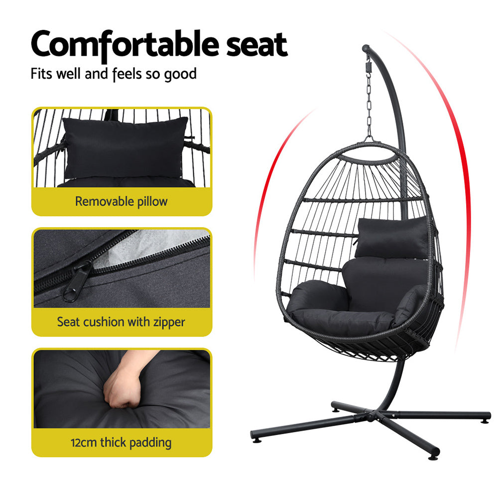 Black hanging egg chair with removable pillow, 12cm thick padding, and zippered cushion for outdoor use