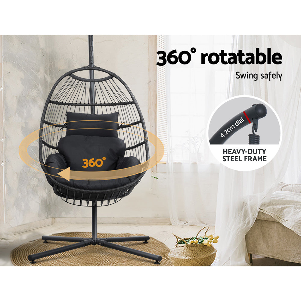 Black 360° rotatable hanging egg chair with heavy-duty steel frame for outdoor or indoor use