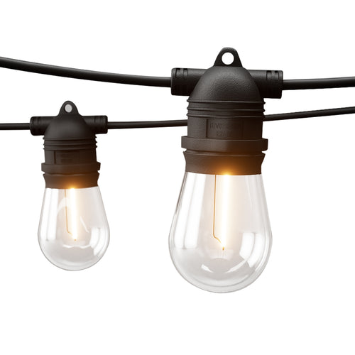 Outdoor string lights with warm glow, black cord and clear bulbs for patio or garden lighting