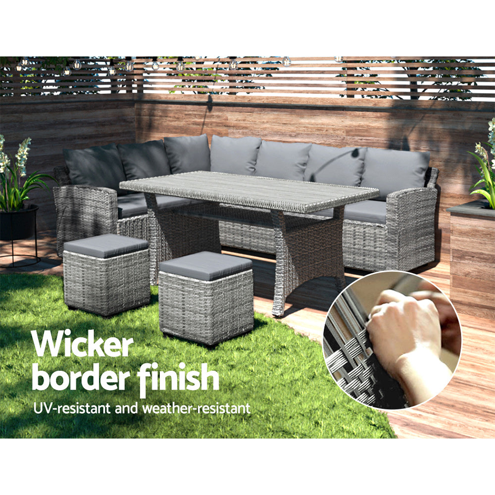 Grey wicker outdoor dining set with UV-resistant cushions, perfect for Australian backyards