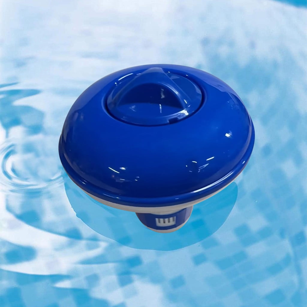 Blue floating pool chlorinator dispenser in clear water, ideal for pool maintenance and backyard care