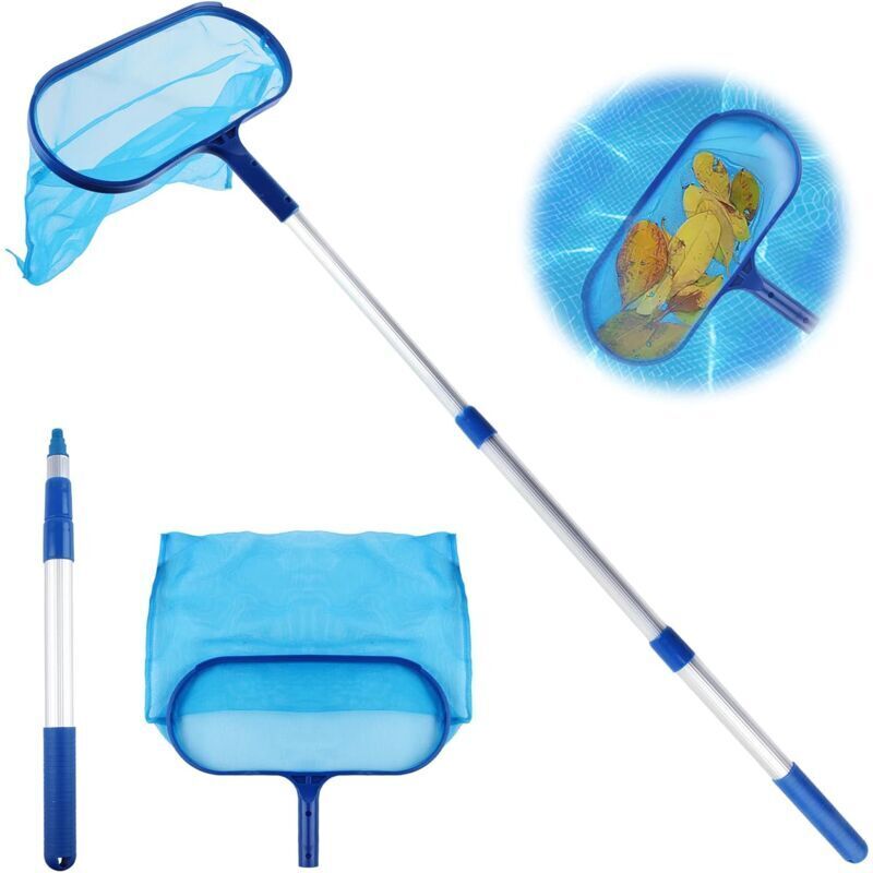 Blue pool skimmer net with telescopic pole for cleaning leaves and debris from swimming pools