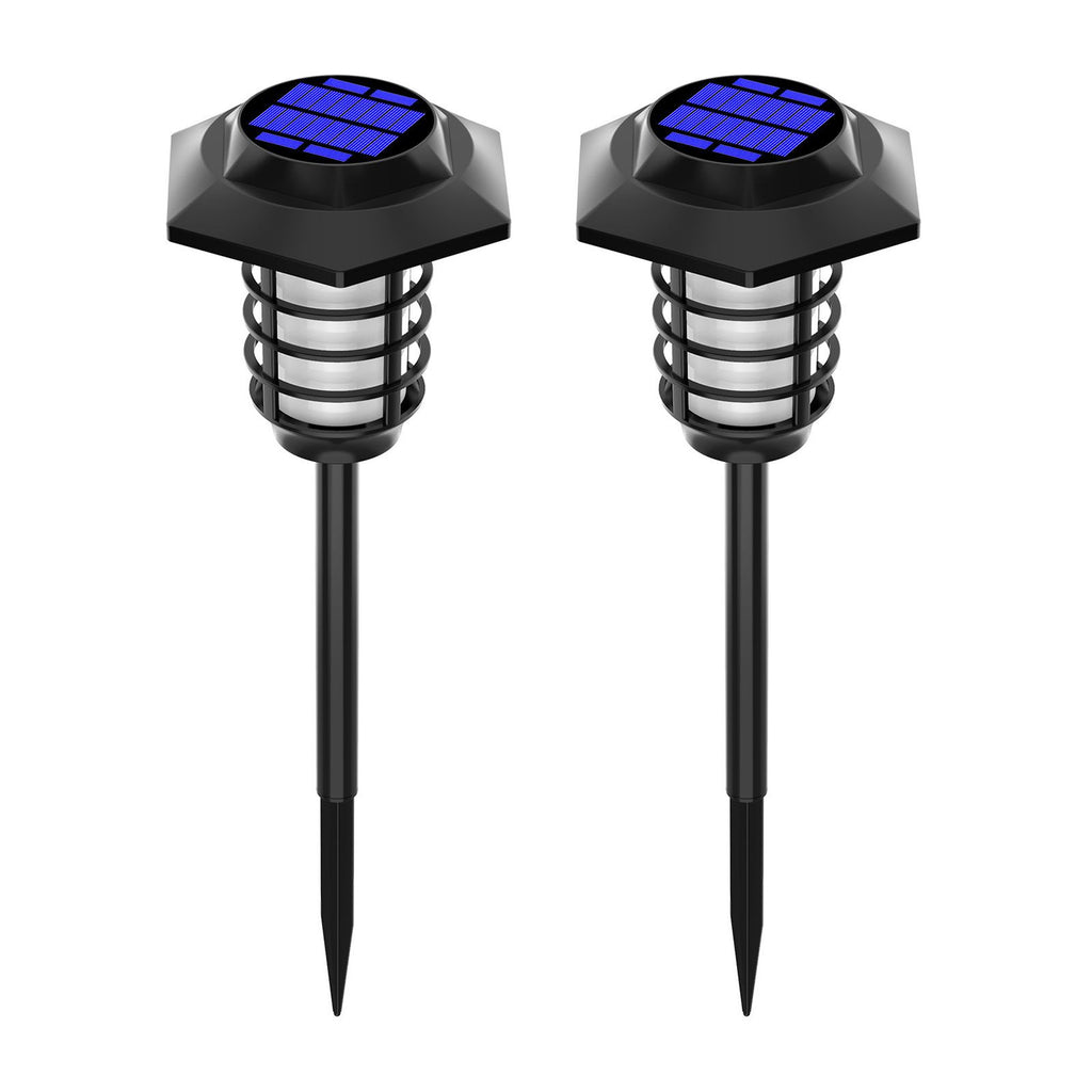 Solar-powered garden lights with blue panels and black stakes for outdoor yard illumination