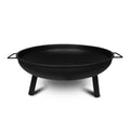 Black outdoor fire pit with legs and side handles for backyard use