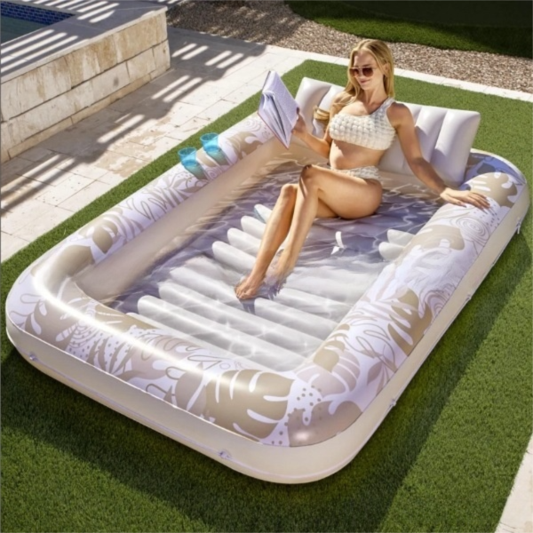 180x118CM Blue Deluxe Inflatable Suntan Tub & Floating Pool Lounger with Dual Integrated Cup Holders and Pillow - Portable Sunbathing Pool for Lawn & Water